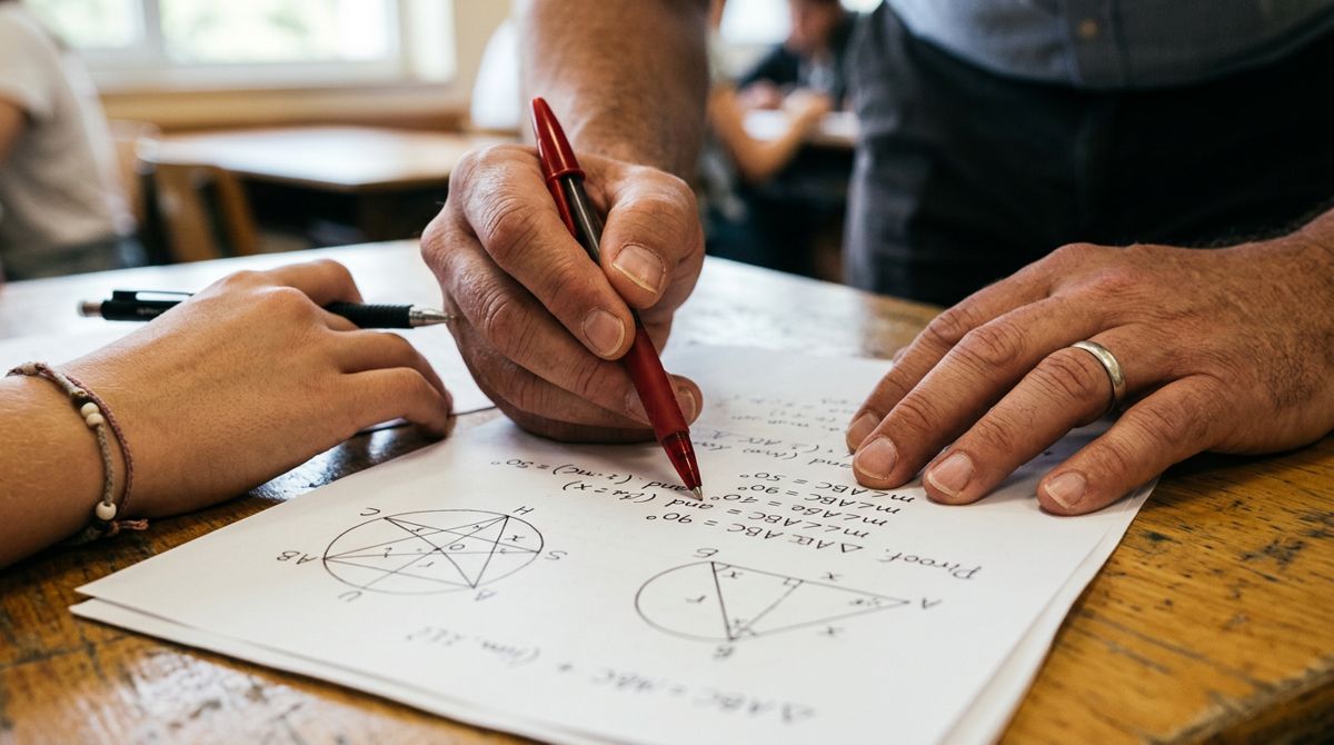 Öğretmen ve öğrenci kâğıt üzerinde birlikte matematik sorusu çözüyor